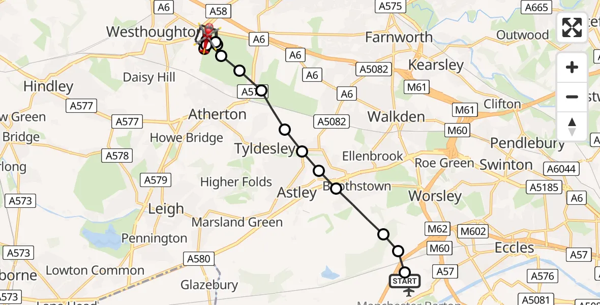 Flight route Air Ambulance Helicopter Manchester Barton Aerodrome - Westhoughton, 02 August 2026, 17:00