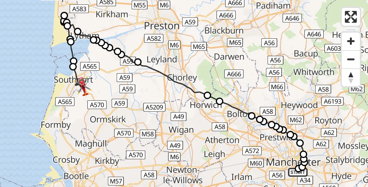 Flight route Air Ambulance Helicopter Chorlton-on-Medlock - Southport, 02 August 2026, 17:02