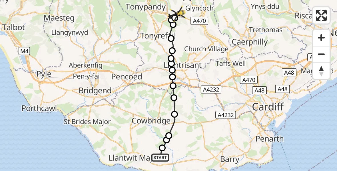 Flight route Police Helicopter MOD St Athan - Trehafod, 02 August 2026, 17:03