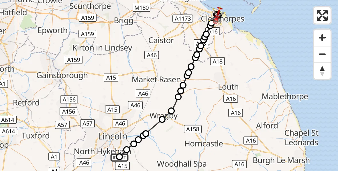 Flight route Air Ambulance Helicopter RAF Waddington - Cleethorpes, 02 August 2026, 17:07