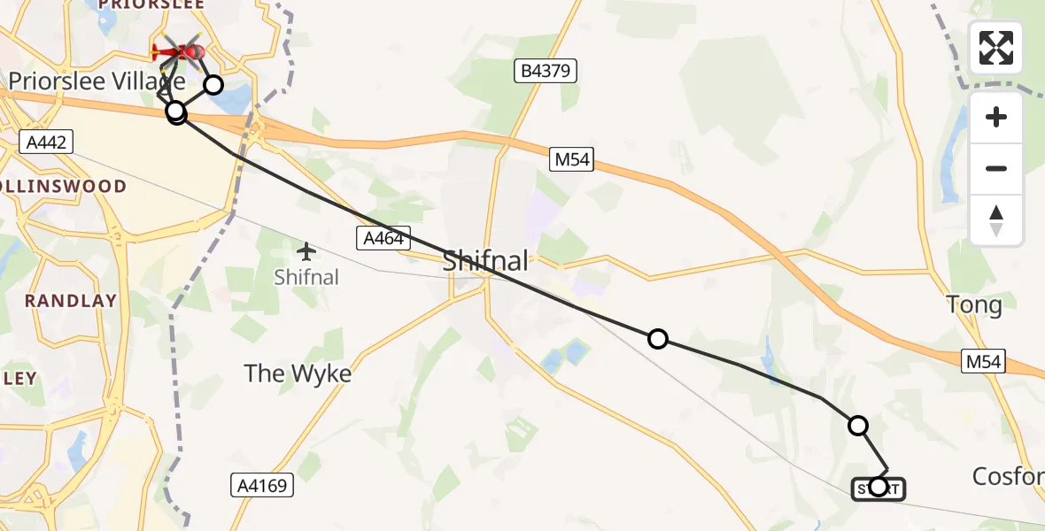 Flight route Air Ambulance Helicopter RAF Cosford - Priorslee Village, 02 August 2026, 17:19
