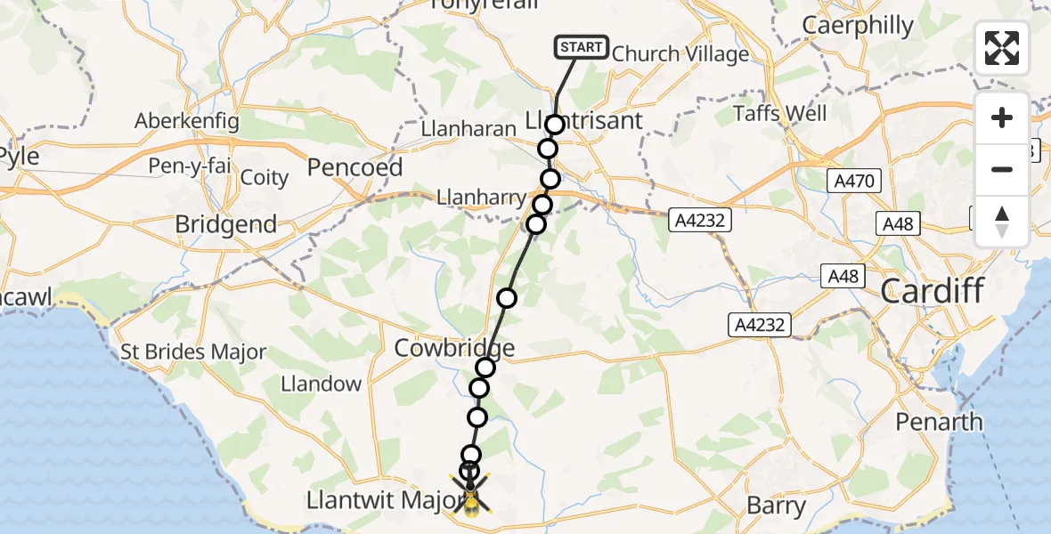 Flight route Police Helicopter Llantrisant - MOD St Athan, 02 August 2026, 17:26