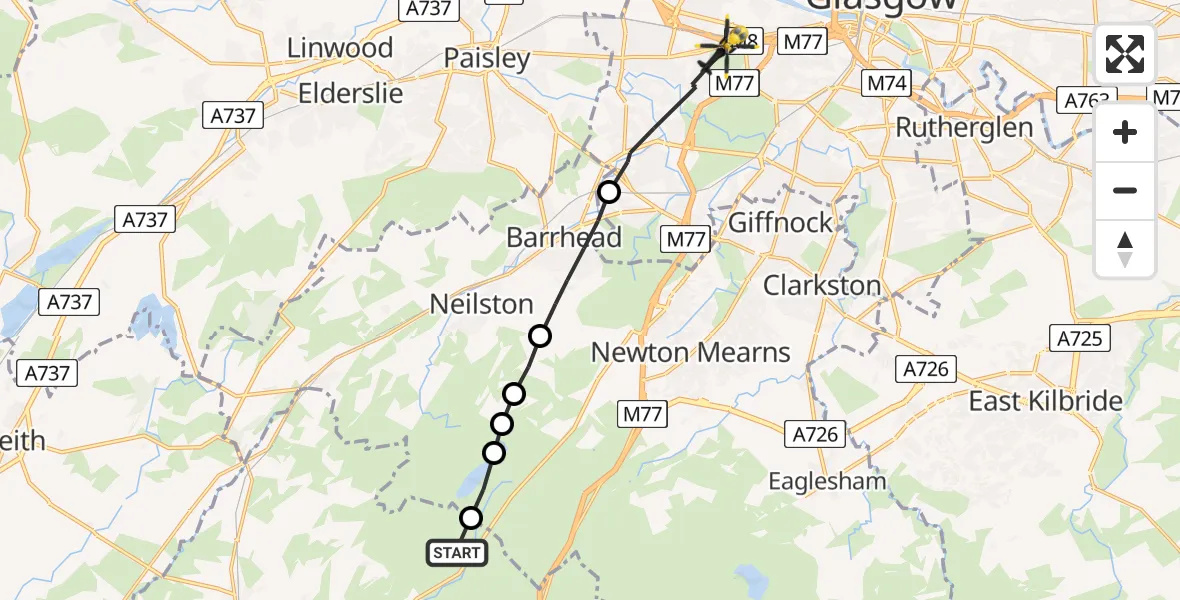 Flight route Police Helicopter Kingsford - Glasgow, 02 August 2026, 17:27
