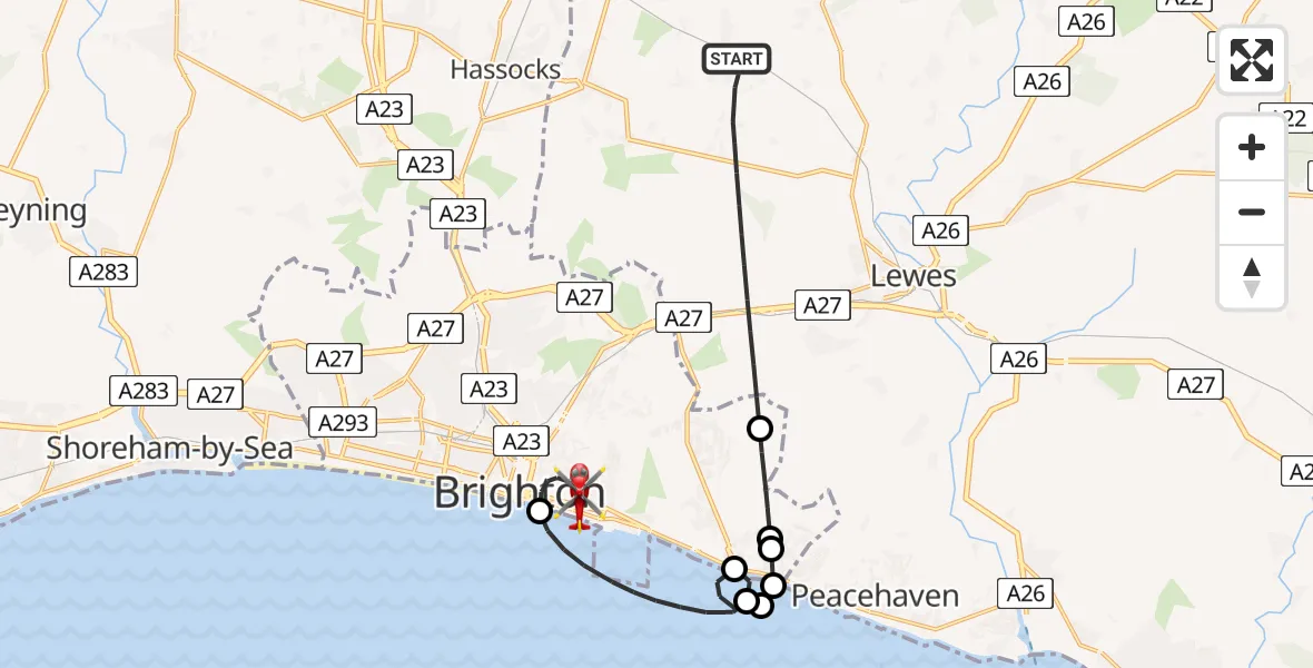Flight route Air Ambulance Helicopter Lewes - Brighton, 02 August 2026, 17:29