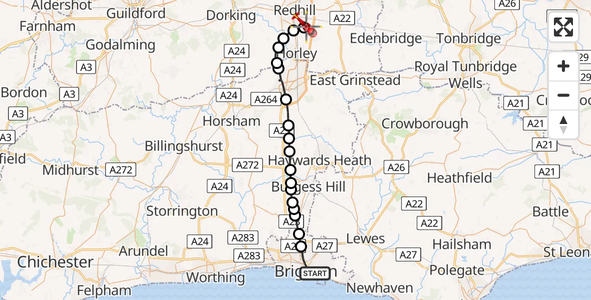 Flight route Air Ambulance Helicopter Brighton - Redhill Aerodrome, 02 August 2026, 17:32
