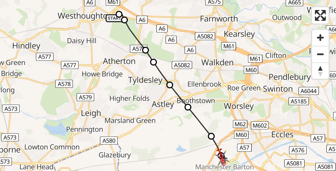 Flight route Air Ambulance Helicopter Westhoughton - Manchester Barton Aerodrome, 02 August 2026, 17:33