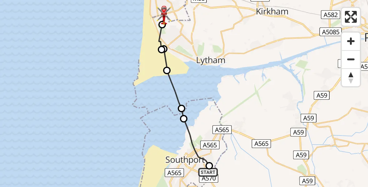 Flight route Air Ambulance Helicopter Southport - Blackpool Airport, 02 August 2026, 17:38