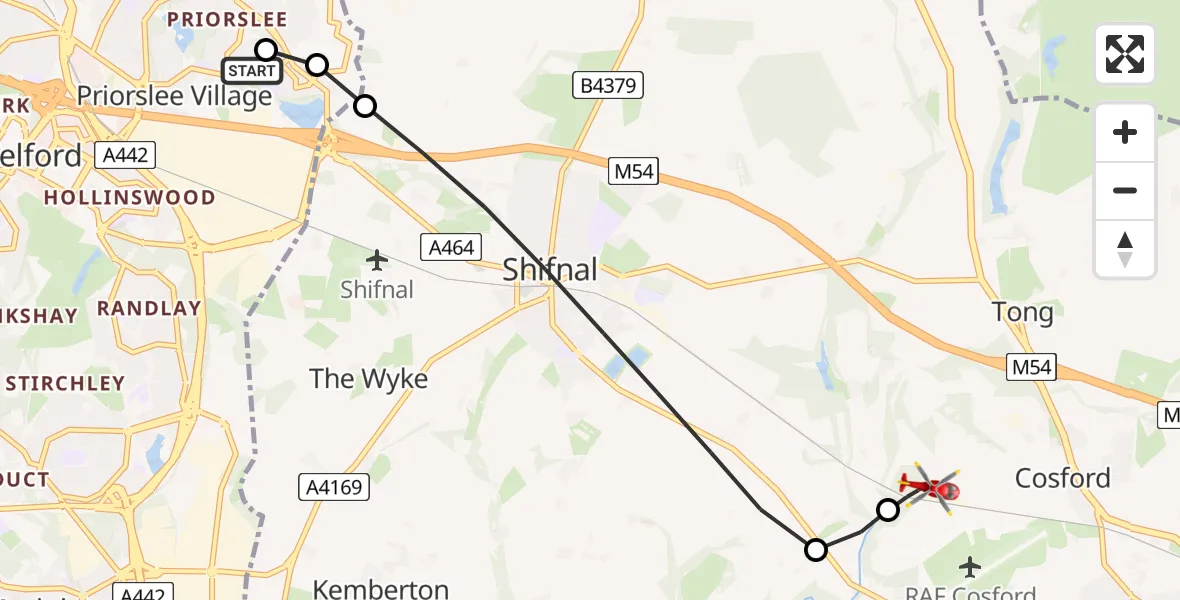 Flight route Air Ambulance Helicopter Priorslee Village - Cosford, 02 August 2026, 17:39