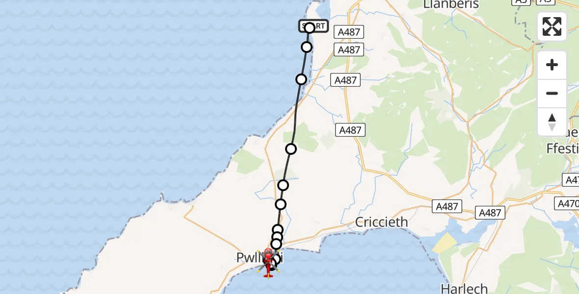 Flight route Air Ambulance Helicopter Caernarfon Airport - Pwllheli, 02 August 2026, 17:42