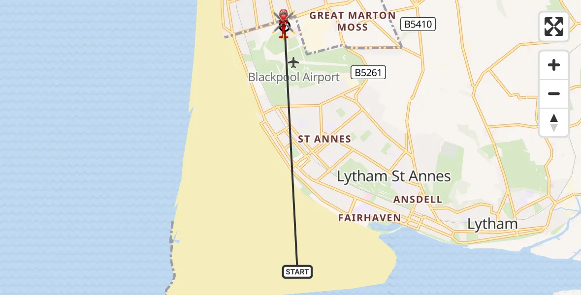 Flight route Air Ambulance Helicopter West Lancashire - Blackpool Airport, 02 August 2026, 17:48
