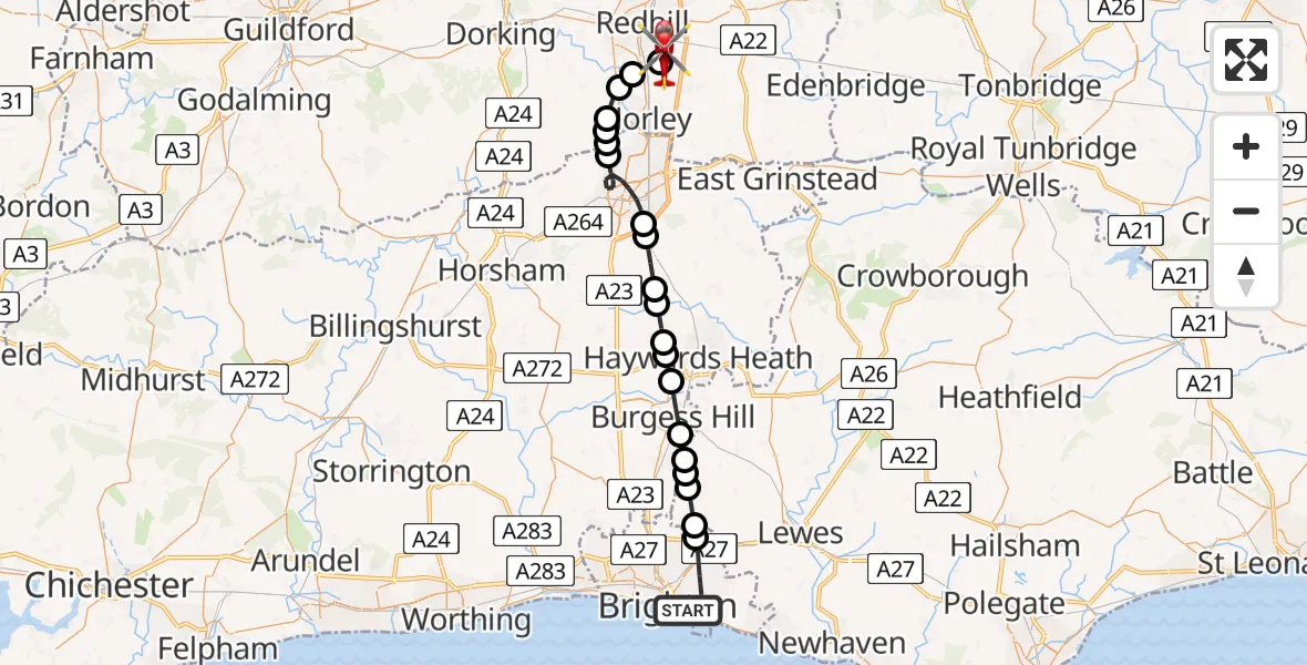 Flight route Air Ambulance Helicopter Brighton - Redhill Aerodrome, 02 August 2026, 17:59