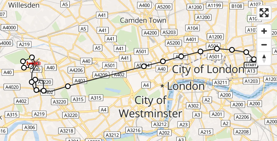 Flight route Air Ambulance Helicopter Royal London Hospital - Maida Vale Deliveroo Editions site, 02 August 2026, 18:12
