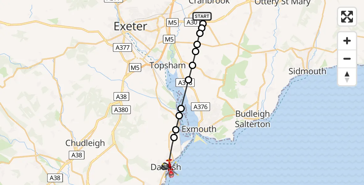 Flight route Air Ambulance Helicopter Exeter International Airport - Dawlish, 02 August 2026, 18:14