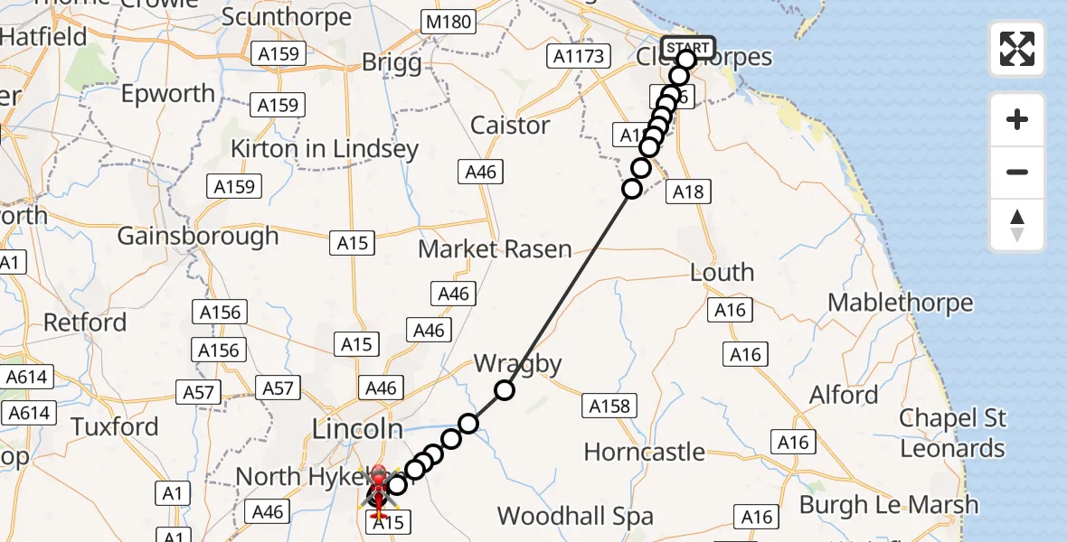 Flight route Air Ambulance Helicopter Old Clee - North Kesteven, 02 August 2026, 18:19