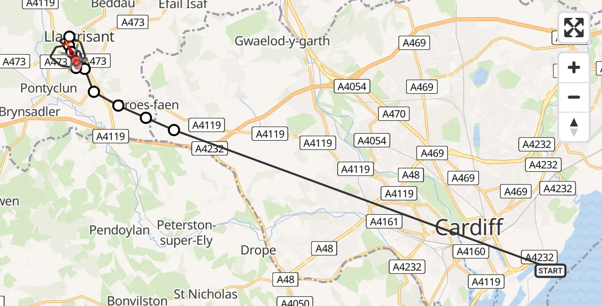 Flight route Air Ambulance Helicopter Cardiff Heliport - Llantrisant, 02 August 2026, 18:22