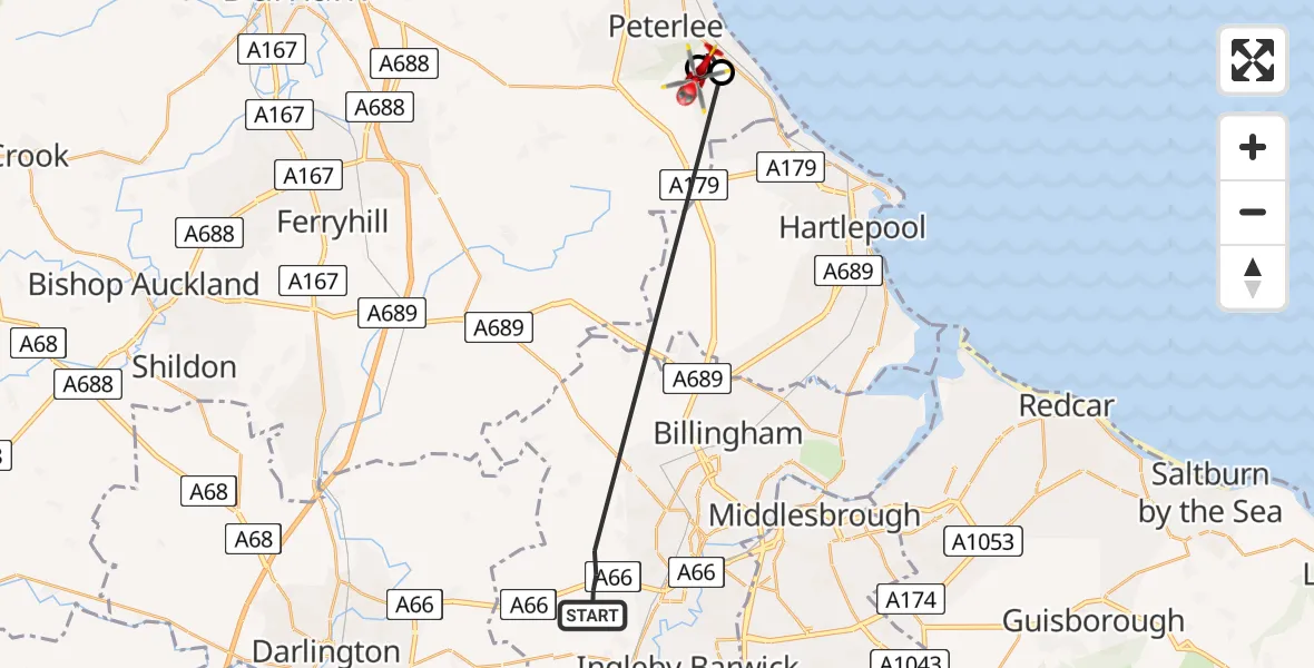 Flight route Air Ambulance Helicopter Elton - Peterlee, 02 August 2026, 18:22
