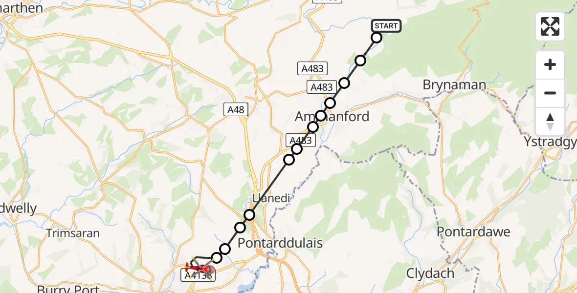 Flight route Air Ambulance Helicopter Trap - Dafen, 02 August 2026, 18:29
