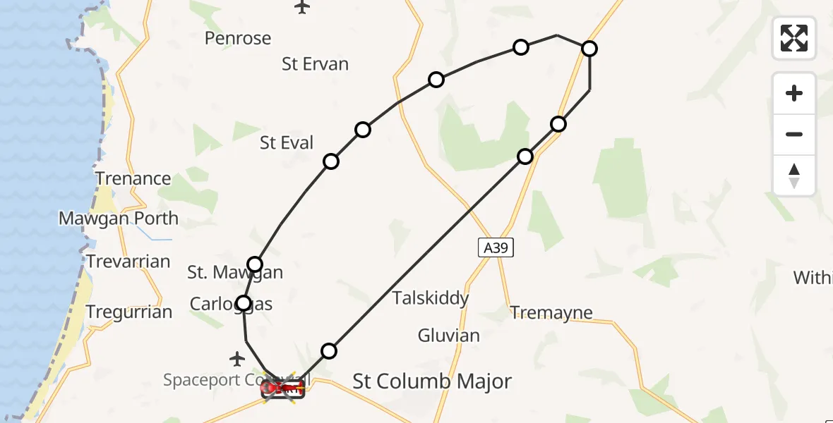 Flight route Air Ambulance Helicopter Cornwall Airport Newquay - Cornwall Airport Newquay, 02 August 2026, 18:42