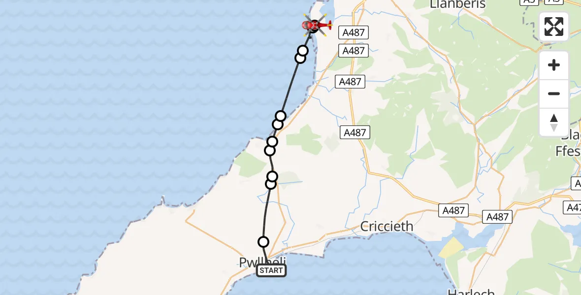 Flight route Air Ambulance Helicopter Pwllheli - Caernarfon Airport, 02 August 2026, 18:43