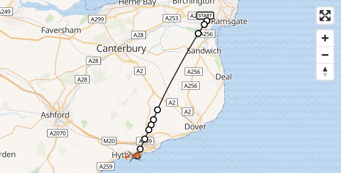 Flight route Coastguard Helicopter Manston Airport - English Channel, 02 August 2026, 18:50