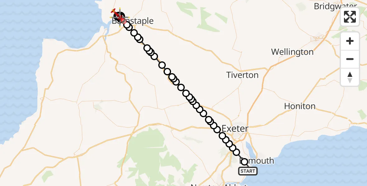Flight route Air Ambulance Helicopter Dawlish - Chivenor, 02 August 2026, 18:54
