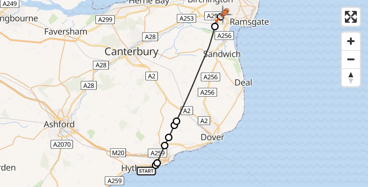 Flight route Coastguard Helicopter English Channel - Manston Airport, 02 August 2026, 19:01