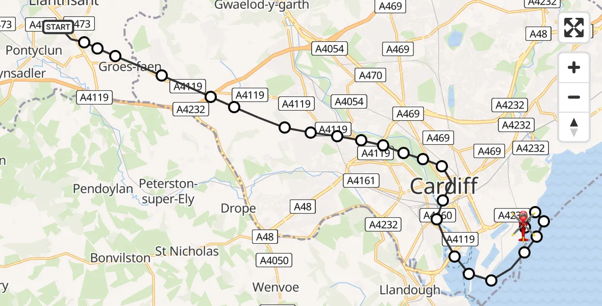 Flight route Air Ambulance Helicopter Llantrisant - Cardiff Heliport, 02 August 2026, 19:08