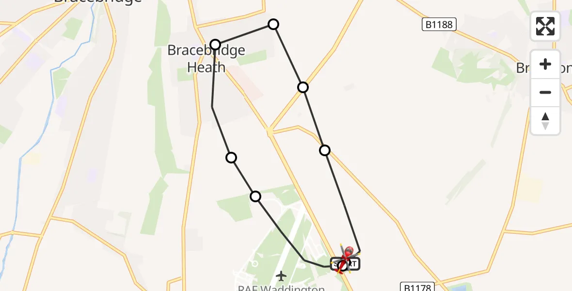 Flight route Air Ambulance Helicopter RAF Waddington - North Kesteven, 02 August 2026, 19:19
