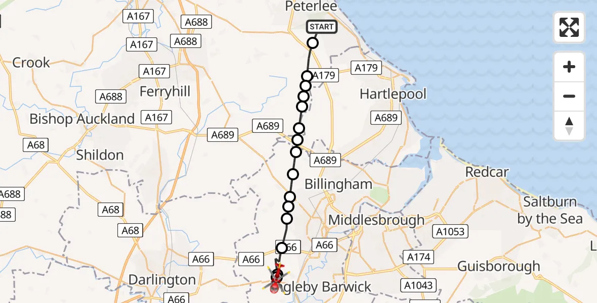 Flight route Air Ambulance Helicopter Castle Eden - Egglescliffe, 02 August 2026, 19:20