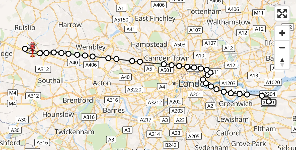 Flight route Air Ambulance Helicopter Greenwich - RAF Northolt, 02 August 2026, 19:47
