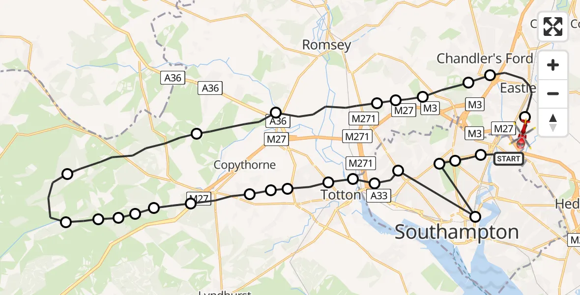 Flight route Air Ambulance Helicopter Mansbridge - Southampton Airport, 02 August 2026, 20:00