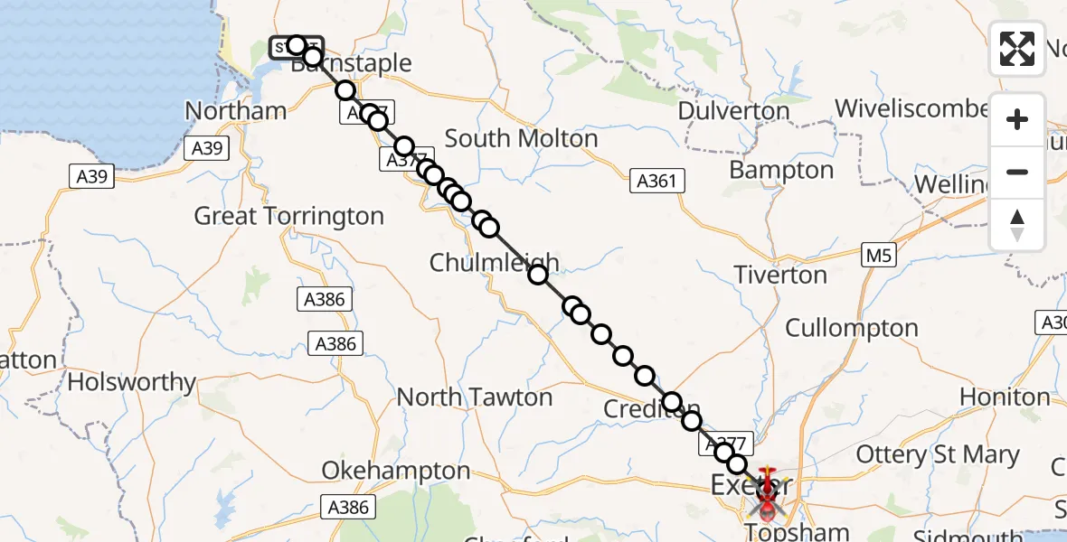 Flight route Air Ambulance Helicopter Royal Marines Base Chivenor - Royal Devon & Exeter Hospital, 02 August 2026, 20:10