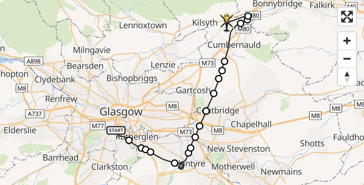 Flight route Police Helicopter Glasgow - Banton, 02 August 2026, 20:57