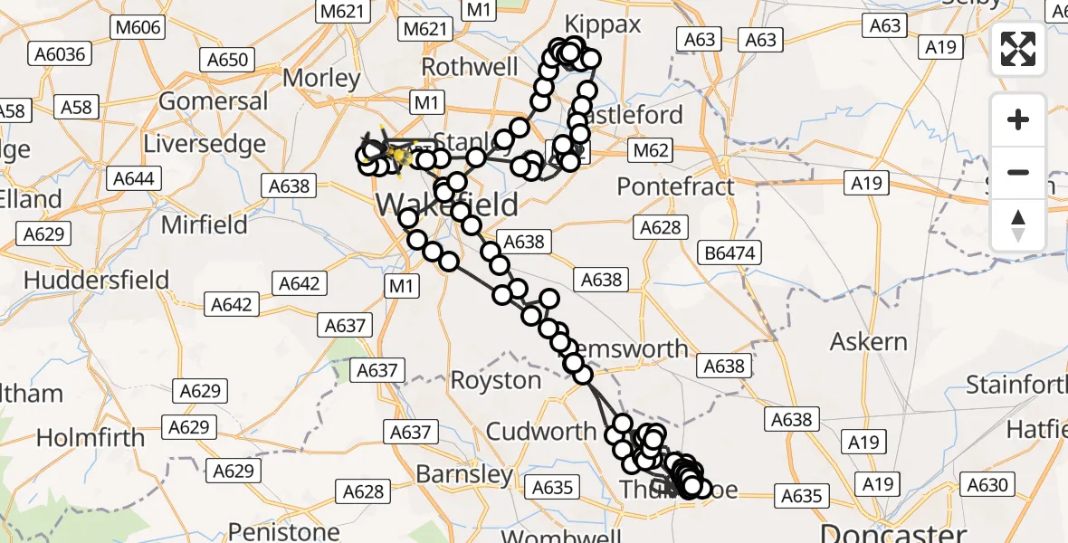 Flight route Police Helicopter Wrenthorpe - East Ardsley, 02 August 2026, 21:03