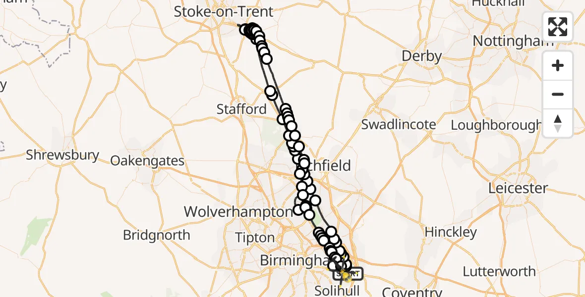 Flight route Police Helicopter Birmingham Airport - Sheldon, 02 August 2026, 21:06