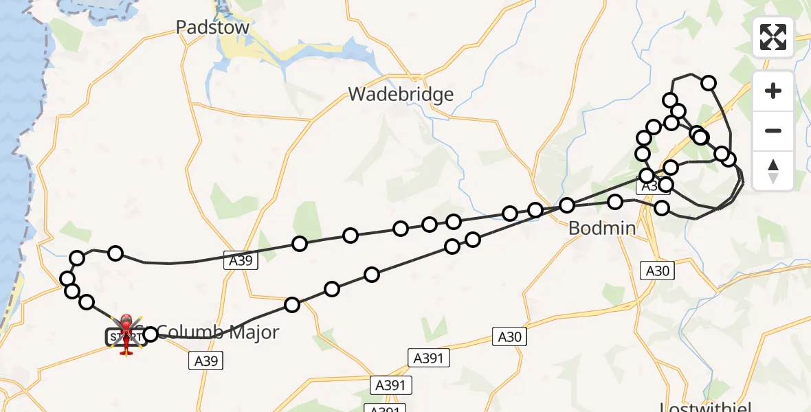 Flight route Air Ambulance Helicopter Cornwall Airport Newquay - Cornwall Airport Newquay, 02 August 2026, 21:07