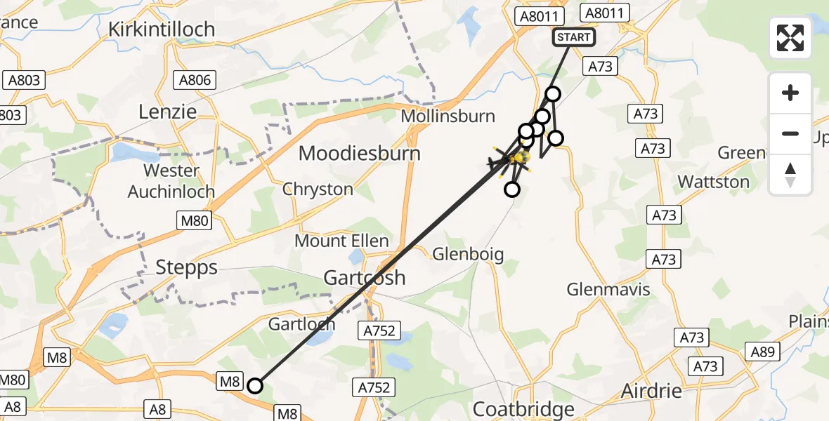 Flight route Police Helicopter Cumbernauld - Mollinsburn, 02 August 2026, 21:20