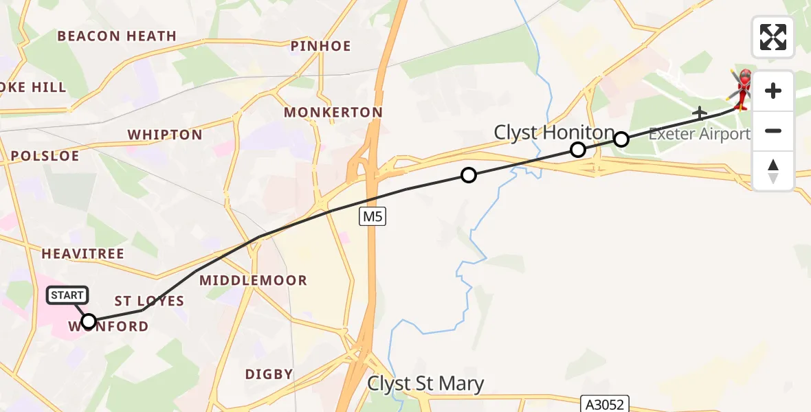 Flight route Air Ambulance Helicopter Royal Devon & Exeter Hospital - Exeter International Airport, 02 August 2026, 21:32