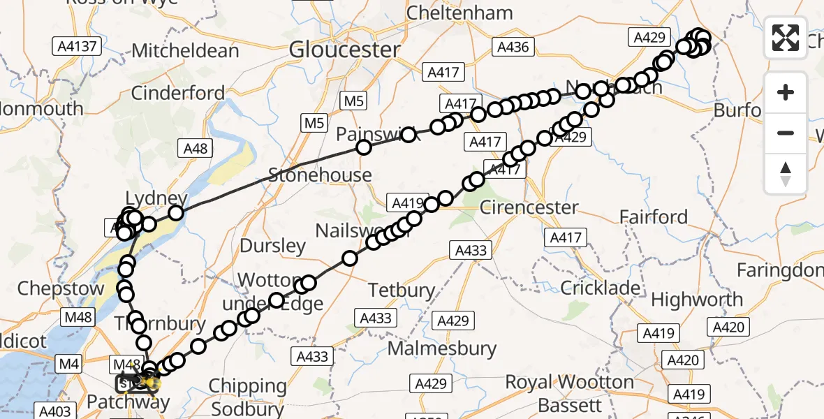 Flight route Police Helicopter Almondsbury Helicopter Base - Almondsbury Helicopter Base, 02 August 2026, 21:51