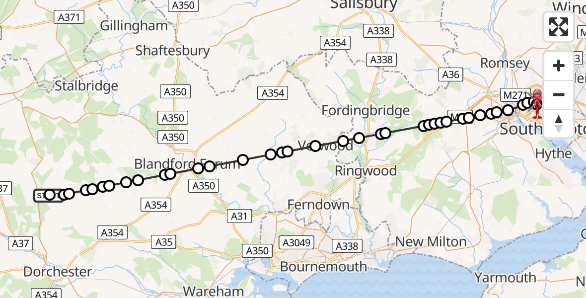 Flight route Air Ambulance Helicopter Charminster - University Hospital Southampton, 02 August 2026, 21:55