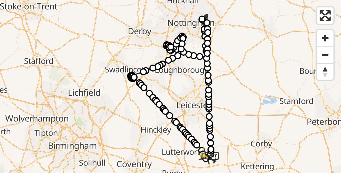 Flight route Police Helicopter Husbands Bosworth Airfield - Harborough, 02 August 2026, 22:05