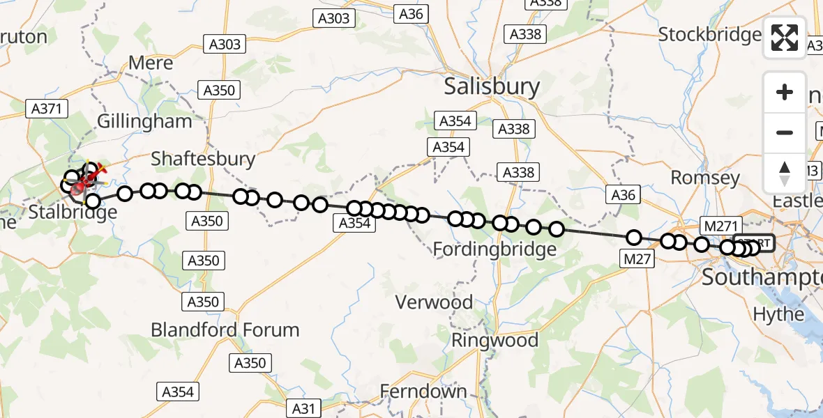 Flight route Air Ambulance Helicopter University Hospital Southampton - Henstridge Airfield, 02 August 2026, 23:16