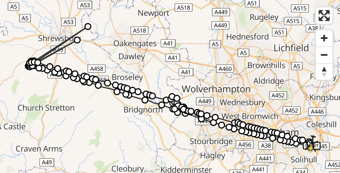 Flight route Police Helicopter Birmingham Airport - Birmingham Airport, 03 August 2026, 00:39