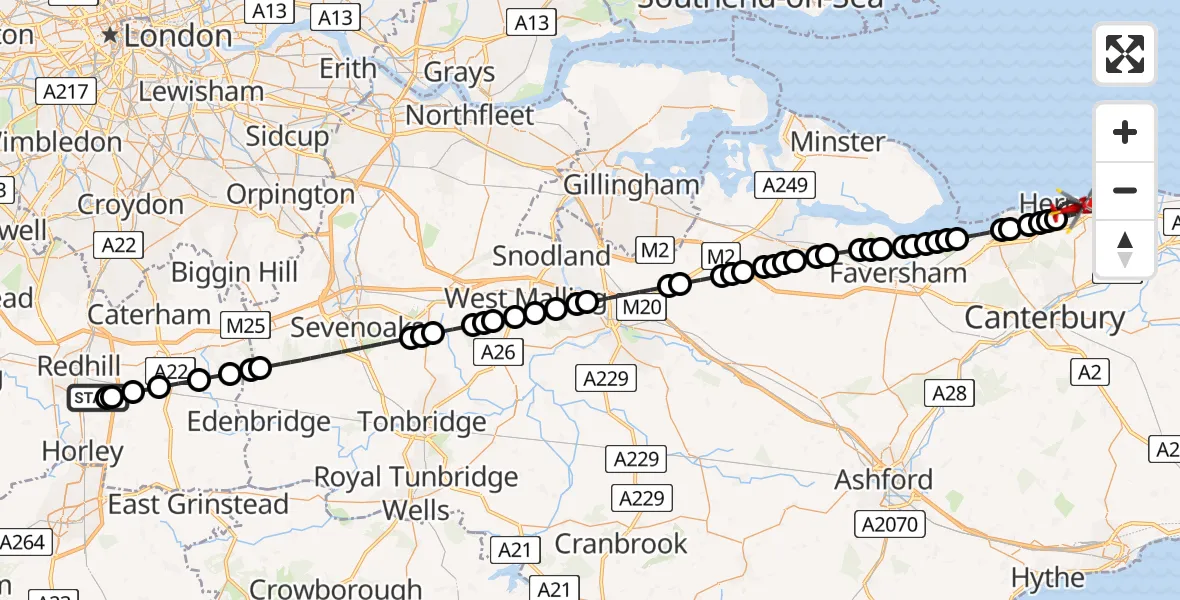 Flight route Air Ambulance Helicopter Redhill Aerodrome - Canterbury, 03 August 2026, 01:45