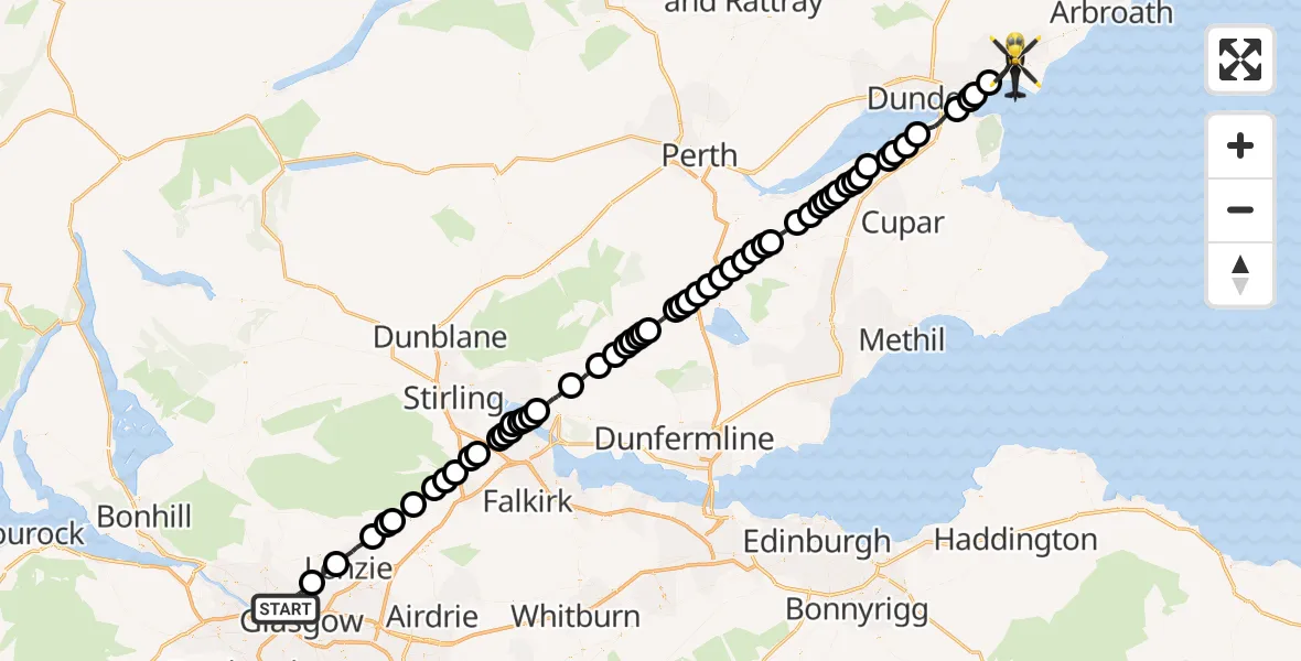 Flight route Police Helicopter Glasgow - Monifieth, 03 August 2026, 02:27