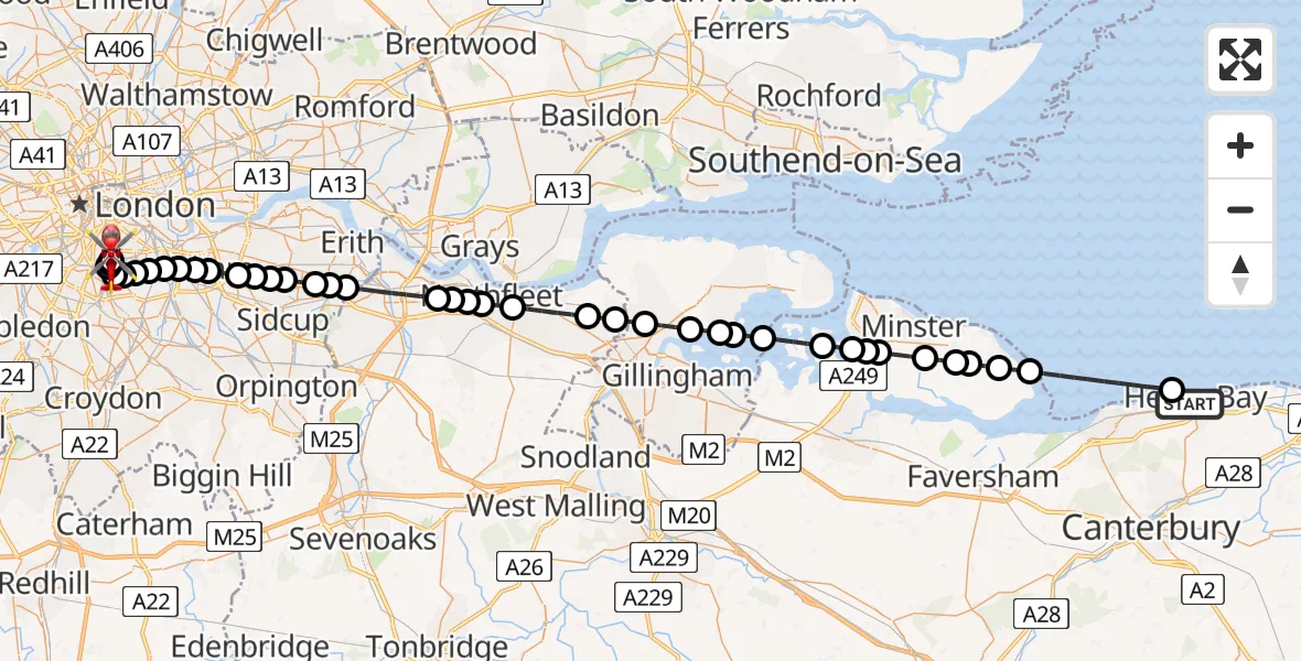 Flight route Air Ambulance Helicopter Canterbury - Kings College London Hospital, 03 August 2026, 02:44