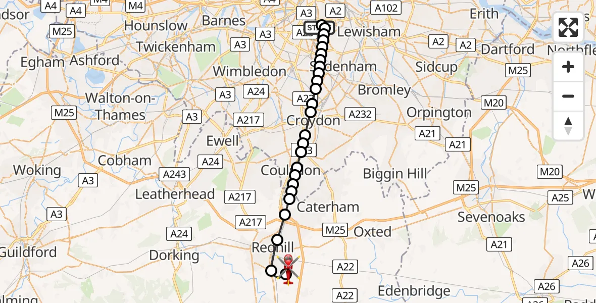 Flight route Air Ambulance Helicopter Kings College London Hospital - Redhill Aerodrome, 03 August 2026, 03:48