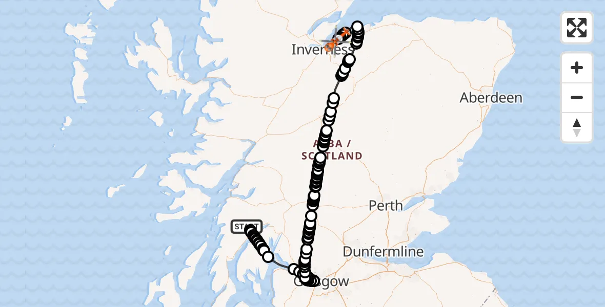 Flight route Coastguard Helicopter Argyll and Bute - Inverness Airport, 03 August 2026, 05:20