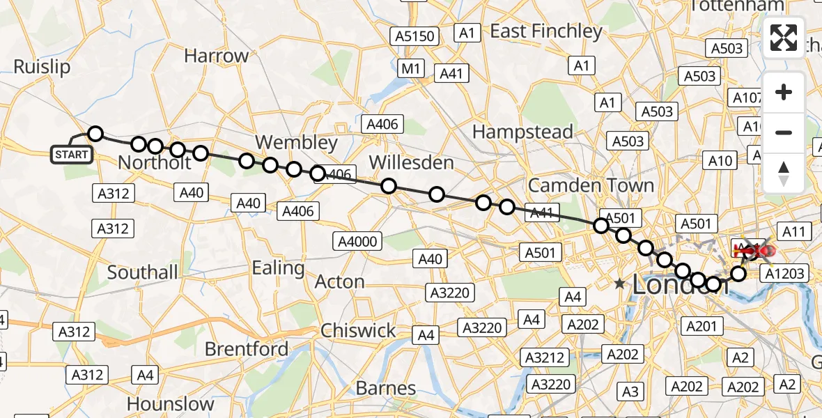 Flight route Air Ambulance Helicopter RAF Northolt - Royal London Hospital, 03 August 2026, 06:37