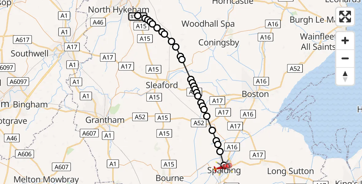 Flight route Air Ambulance Helicopter RAF Waddington - Spalding, 03 August 2026, 07:11